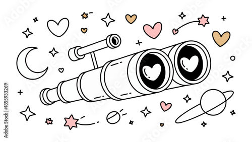 Love in the Cosmos: A whimsical illustration captures a pair of binoculars adorned with heart-shaped lenses, gazing towards celestial bodies of stars, moons, and planets.