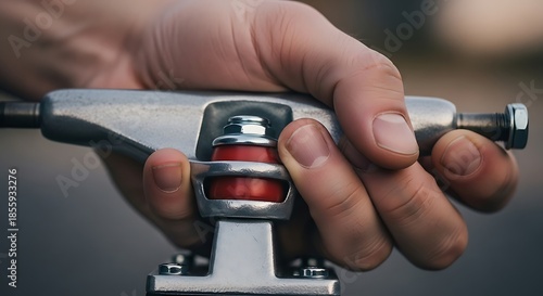 Hand Gripping a Skateboard Truck with Red Bushings and Metal Hardware Keywords: skateboard, truck, skateboard truck, hand, grip