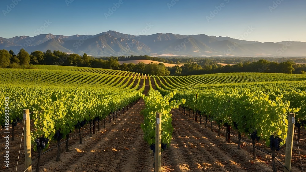 Fototapeta premium Sunlit vineyard rows with ripe grapes lead toward distant blue mountains under a clear sky in a Mediterranean valley.