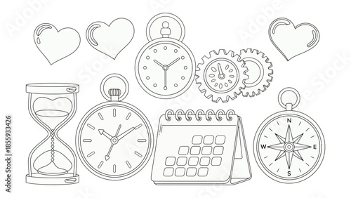 Timing and Sentiment: An array of stylized clocks, a compass, hourglass, calendar, and hearts, artfully arranged to symbolize concepts of time, love, and direction.