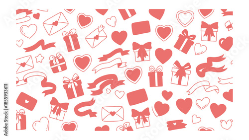 Valentine's Day pattern : An image perfect for setting a tone of love, affection, and celebration. the background features a variety of hearts, gifts and ribbons.