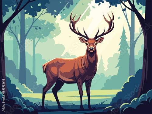 Modern vector illustration of close up deer face with forest clearing background, peaceful flat style wildlife portrait, ideal for nature and calm visuals