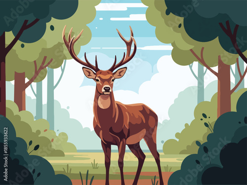 Modern vector illustration of close up deer face with forest clearing background, peaceful flat style wildlife portrait, ideal for nature and calm visuals
