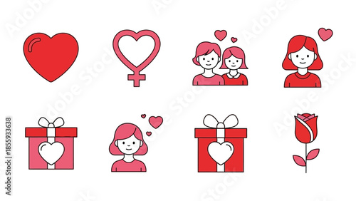 Love and Affection: A set of icons showcasing the various elements that embody love. From the iconic heart to romantic gifts and embraces.