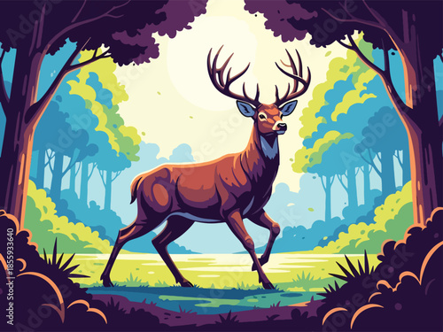Modern vector illustration of close up deer face with forest clearing background, peaceful flat style wildlife portrait, ideal for nature and calm visuals