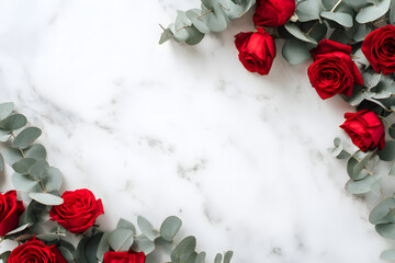 Frame made of fresh red roses and eucalyptus leaves on a white marble table, romantic floral border, copy space for message
