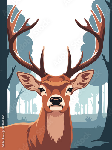 Modern vector illustration of close up deer face with forest clearing background, peaceful flat style wildlife portrait, ideal for nature and calm visuals