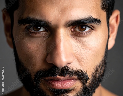 Close-up of a man looking intently at the viewer. His dark hair frames his face, and he has a full beard and prominent eyebrows. The image has a neutral background