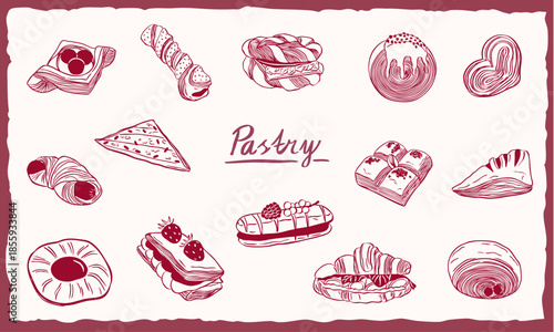 puff pastry bread bakery hand drawn doodle sketch illustration set - vector file