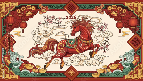 A vibrant illustration of a majestic red horse galloping through clouds, adorned with traditional Chinese patterns and surrounded by auspicious symbols for the year 2026.