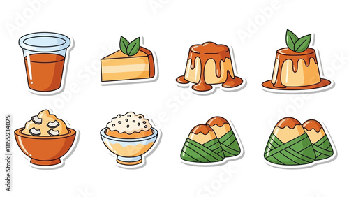 A delightful collection of cartoon food stickers featuring various desserts, rice dishes, and a refreshing drink, in a cute and colorful style.