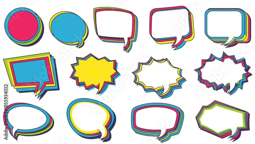 A vibrant collection of colorful, layered speech bubbles in various shapes and sizes, perfect for comic books or graphic design.