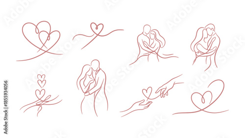 Romantic Embrace: Elegant line art captures the essence of love, featuring couples embracing, tender hearts, and the delicate touch of hands. 