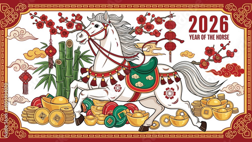 A festive illustration for Chinese New Year 2026, featuring a decorated white horse, gold ingots, lanterns, and cherry blossoms, symbolizing prosperity and good fortune.