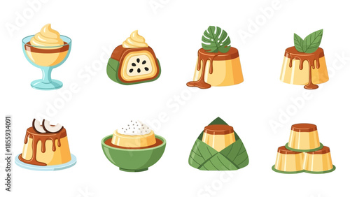 A delightful collection of eight distinct and artistically presented desserts, showcasing a variety of flavors and garnishes.