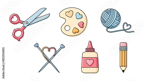 Creative Crafting Essentials: A charming collection of crafting tools, showcasing scissors, paint palette, yarn ball, knitting needle, glue bottle, and pencil.