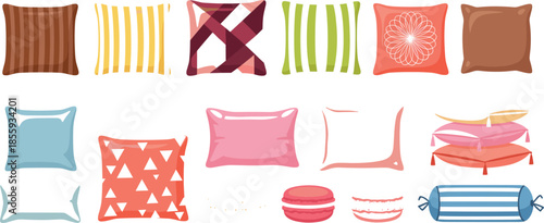 Decorative pillow and cushion vector set with colorful patterned throw pillows, soft home decor accessories for living room, bedroom, and interior design concepts