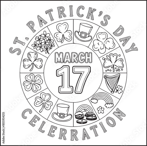 St Patrick's day with shamrock four-leaf clover, leprechaun and festive decoration coloring page for kids vector line art illustration