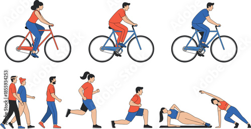 Active lifestyle vector illustration set with people cycling, running, walking, and exercising outdoors, healthy fitness activities and sport routines for wellness design