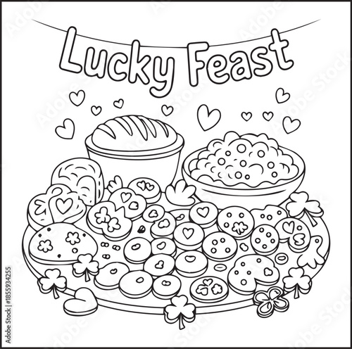 St Patrick's day with shamrock four-leaf clover, leprechaun and festive decoration coloring page for kids vector line art illustration