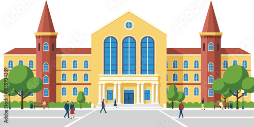 Large university campus building with students walking outside academic institution college education architecture flat vector illustration