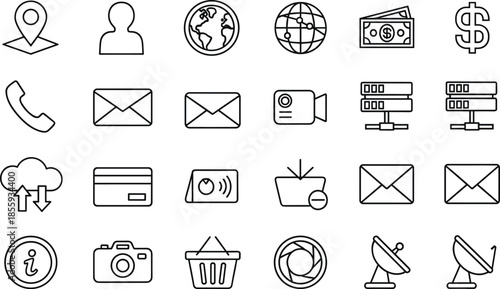 Set of thin line e-commerce and communication icons featuring location pins user profiles global network symbols paper money email envelopes and data server elements isolated on white background 