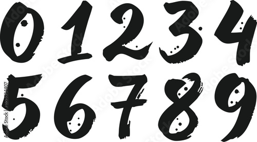Set of black handwritten numbers from zero to nine with a grunge brush stroke texture