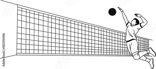 Volleyball player spiking ball at the net