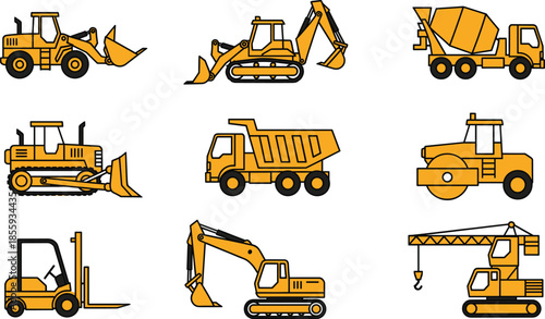 Construction vehicles vector illustration set with excavator, bulldozer, dump truck, concrete mixer, crane, forklift, and heavy machinery for building and industrial design