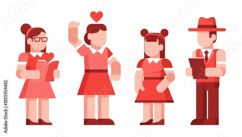 Diverse Ensemble: A stylized illustration presents a diverse group of individuals, each with unique attire and accessories, embodying a range of expressions and roles. 