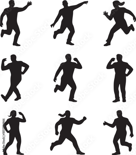 Set of nine diverse pose silhouettes of people expressing various emotions and gestures in dynamic stances