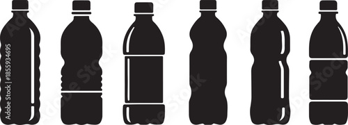Set of various black plastic drink bottle silhouettes vector icons isolated on white background