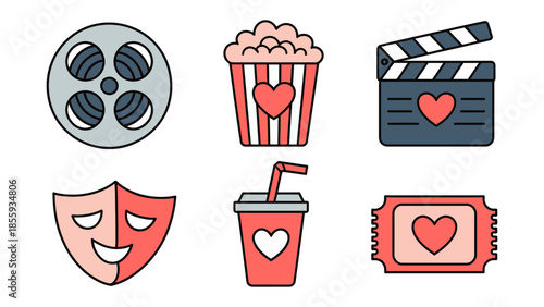 Movie Night Delight: A collection of cinematic symbols - film reel, popcorn, clapperboard, theater mask, drink, and ticket - celebrating the magic of cinema and entertainment.