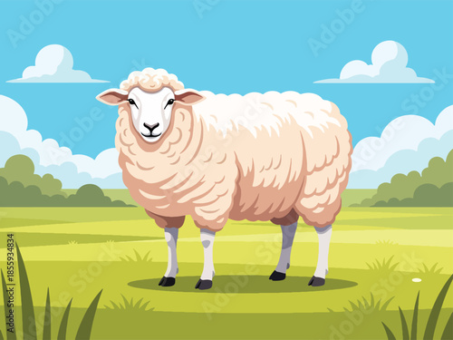 Modern vector illustration of close up sheep face with countryside meadow background, soft flat style farm animal portrait, ideal for rural themes