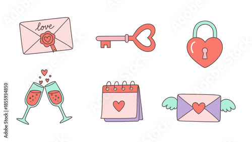 Love's Symbols: A collection of charming, hand-drawn illustrations that perfectly capture the essence of romance, love, and affection. From keys and locks, to love letters and champagne glasses.