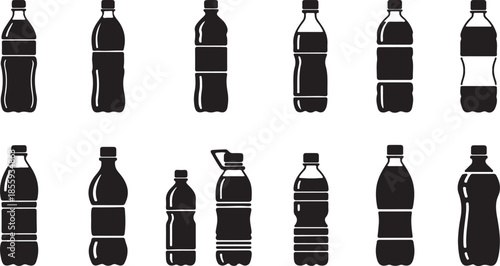 Vector set of black plastic bottle silhouettes with various shapes, isolated icons