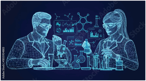 Digital Scientists in Lab: Futuristic Research, Data Analytics & Molecular Science. Vector wireframe illustration.