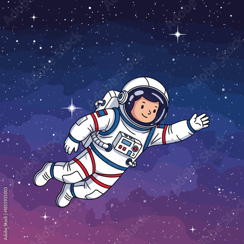 Cartoon spaceman floating amidst stars and cosmic wonders in distant galaxy exploration