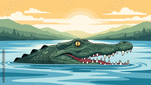 Modern vector illustration of close up crocodile head above river water, strong flat style wildlife portrait, ideal for nature and education visuals