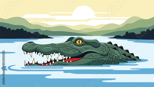 Modern vector illustration of close up crocodile head above river water, strong flat style wildlife portrait, ideal for nature and education visuals