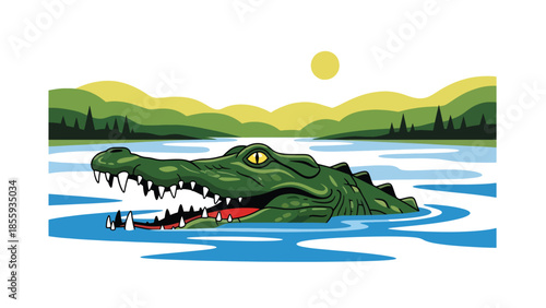 Modern vector illustration of close up crocodile head above river water, strong flat style wildlife portrait, ideal for nature and education visuals