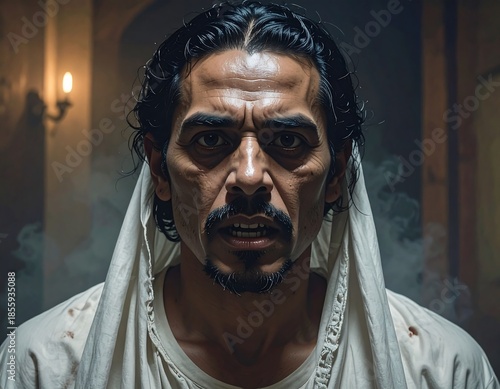 Close-up of a man with dark hair, a stern expression, and a draped white cloth over his head. Soft lighting