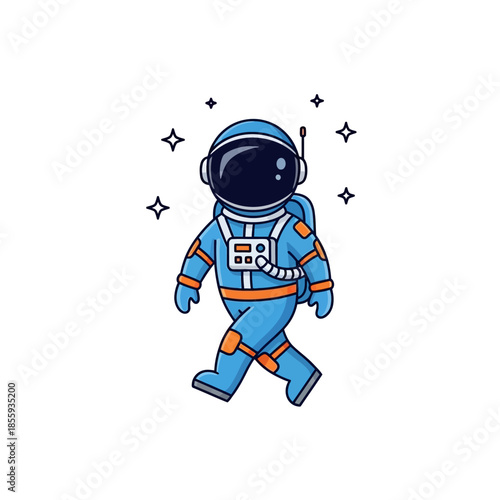 Cartoon astronaut strolling in space, amidst celestial shimmer and cosmic journey imagery