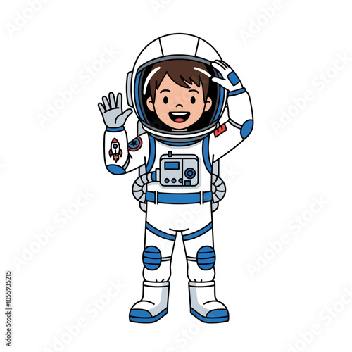 Cartoon astronaut waving, depicting childhood dreams of space exploration and cosmic adventures