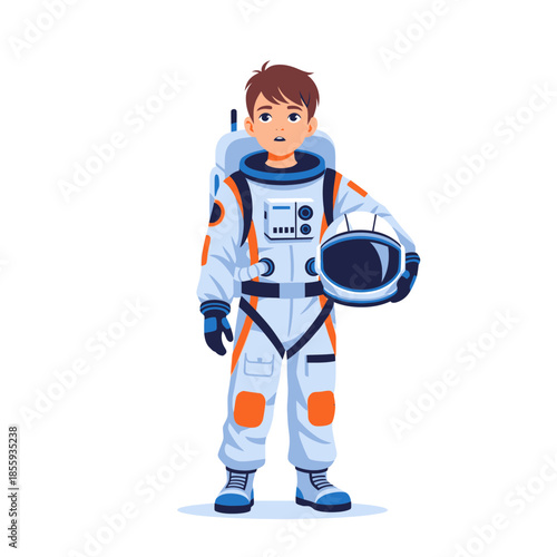 Young astronaut dreams, a boy in spacesuit holding helmet with cosmos future ambitions