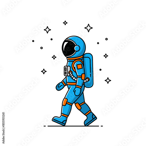 Illustration of a blue astronaut walking through a field of shimmering stars and space dust