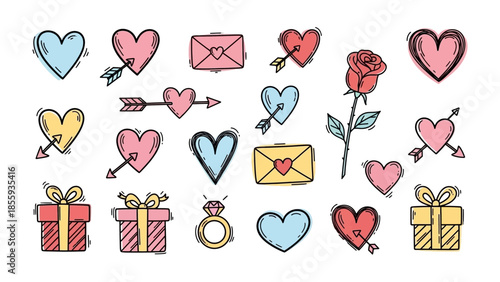 Love Symbols: A collection of various hand-drawn symbols of love, from hearts pierced with arrows to romantic letters and beautiful roses.