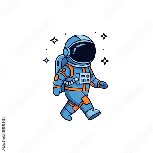 Cartoon astronaut strides confidently amid stars, embodying exploration and adventure a cosmic