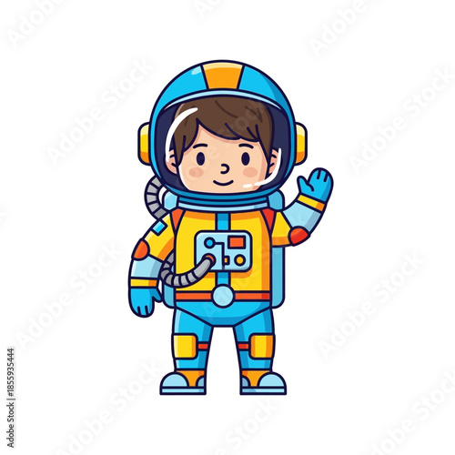 Charming cartoon astronaut waving with joyful expression during space exploration mission