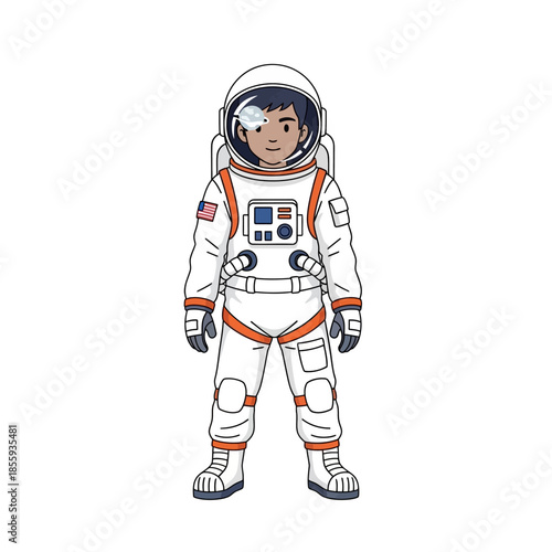 Cartoon astronaut exploring cosmic dream, wearing classic white spacesuit, full body illustration